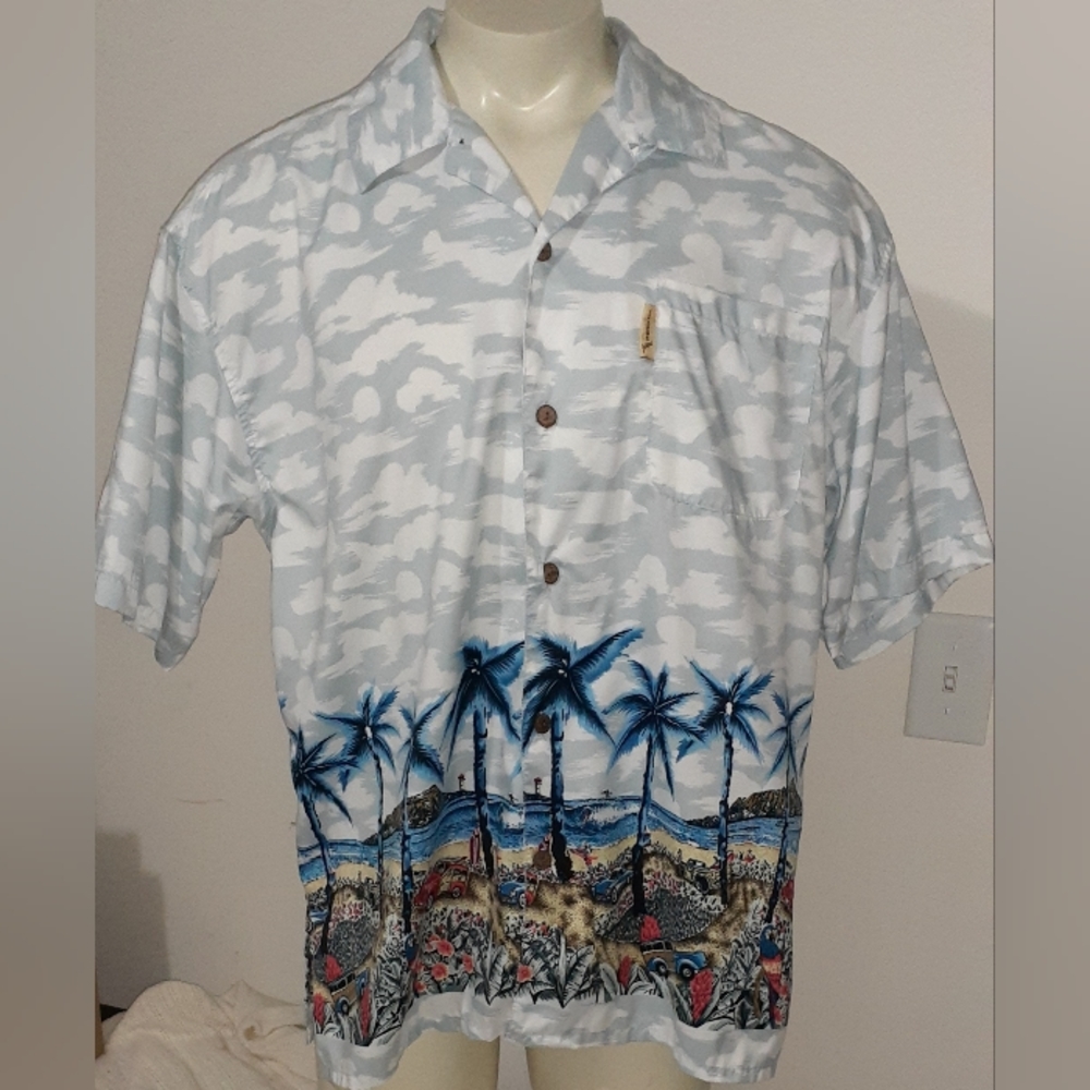Coconut Pier Hawaiian Floral Beach Cruise Microfiber Short Sleeve Shirt Size L